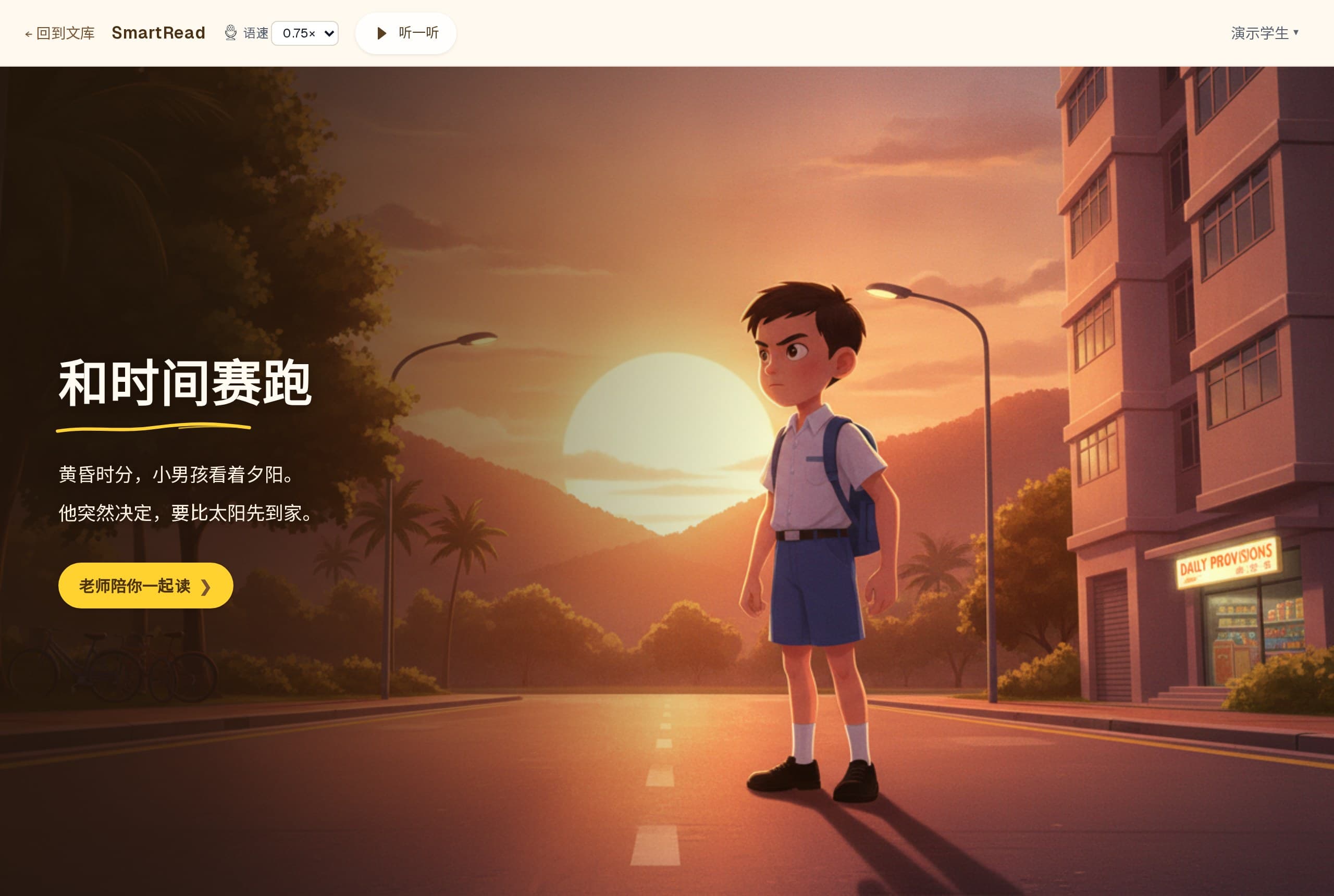 SmartRead's picture-reading entry for the passage 和时间赛跑: a boy in school uniform stands on a Singapore street at sunset, above the title, two lines of setup — he suddenly decides to beat the sun home — a listen control, and a button reading 老师陪你一起读 (the teacher will read it with you).
